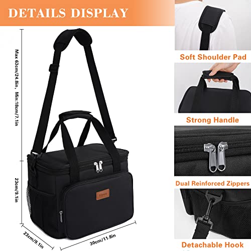 Elyum Lunch Box, Lunch Bag Women/Men Large Insulated Lunch Bag with Adjustable Shoulder Strap, Leak Proof Cooler Bag Reusable for Office School Picnic Beach (15L, Black)