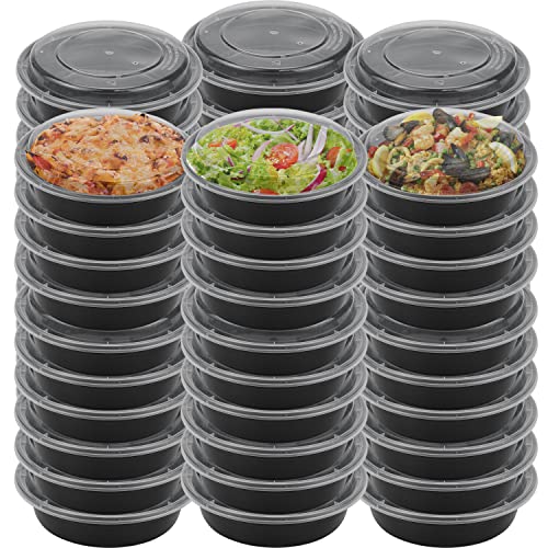 Suwimut 60 Pack Meal Prep Containers for Food Storage, 24 oz Disposable Black Round Plastic Food Containers Lunch Boxes Bowls with Lids, BPA Free Food Grade, Freezer and Microwave Safe