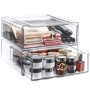 homde stackable storage containers box with pull-out drawer – stacking plastic drawers bins for kitchen pantry and cupboard, cabinet, counter, island and tables – 2 pack – clear