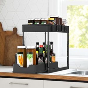 Adjustable Height Under Sink Organizers and Storage, 2 Tier Sliding Bathroom Organizer Under Sink,Multipurpose Under Kitchen Sink Organizers and Storage With 4 Hooks for Bathroom Kitchen Desktop