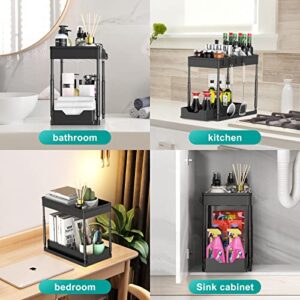 Adjustable Height Under Sink Organizers and Storage, 2 Tier Sliding Bathroom Organizer Under Sink,Multipurpose Under Kitchen Sink Organizers and Storage With 4 Hooks for Bathroom Kitchen Desktop