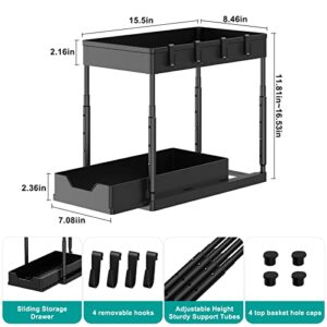 Adjustable Height Under Sink Organizers and Storage, 2 Tier Sliding Bathroom Organizer Under Sink,Multipurpose Under Kitchen Sink Organizers and Storage With 4 Hooks for Bathroom Kitchen Desktop