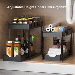 Adjustable Height Under Sink Organizers and Storage, 2 Tier Sliding Bathroom Organizer Under Sink,Multipurpose Under Kitchen Sink Organizers and Storage With 4 Hooks for Bathroom Kitchen Desktop