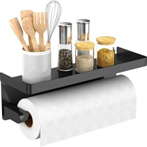 ESOW Paper Towel Holder Wall Mounted for Kitchen 13 in, Paper Towel Roll Rack with Storage Shelf Space, Both Available in Adhesive and Screws, SUS304 Stainless Steel (Matte Black)