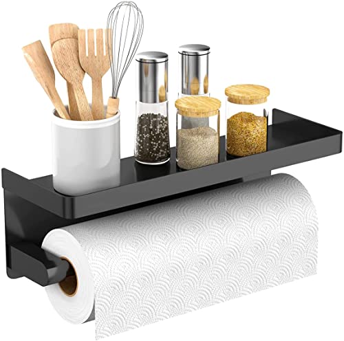 ESOW Paper Towel Holder Wall Mounted for Kitchen 13 in, Paper Towel Roll Rack with Storage Shelf Space, Both Available in Adhesive and Screws, SUS304 Stainless Steel (Matte Black)