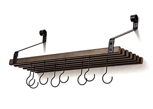 Soduku Pot Pan Rack with Solid Wood Shelf, Wall Mounted Multifunctional Kitchen Hanging Organizer with 8 Hooks for Pots Pans Lids Utensils Cookware Brown