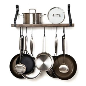 Soduku Pot Pan Rack with Solid Wood Shelf, Wall Mounted Multifunctional Kitchen Hanging Organizer with 8 Hooks for Pots Pans Lids Utensils Cookware Brown