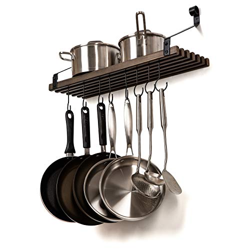 Soduku Pot Pan Rack with Solid Wood Shelf, Wall Mounted Multifunctional Kitchen Hanging Organizer with 8 Hooks for Pots Pans Lids Utensils Cookware Brown