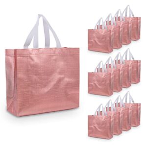 yhjz 12 pcs reusable gift bags, rose gold gift bags glossy glitter reusable grocery bag with handle non-woven shopping bags tote bag for presents bridesmaid birthday party wedding (rose gold)