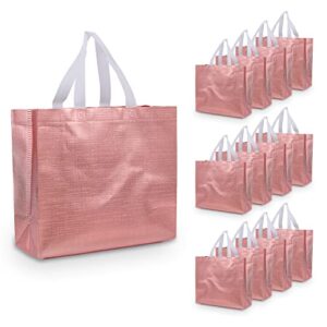 YHJZ 12 Pcs Reusable Gift Bags, Rose Gold Gift Bags Glossy Glitter Reusable Grocery Bag with Handle Non-woven Shopping Bags Tote Bag for Presents Bridesmaid Birthday Party Wedding (Rose Gold)