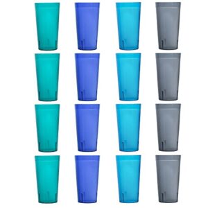 US Acrylic Café 20-ounce Plastic Restaurant Style Lightweight Stackable Beverage Tumblers | Reusable, BPA-free, Made in the USA, Top-rack Dishwasher Safe | Water Cups set of 16 in 4 Coastal Colors