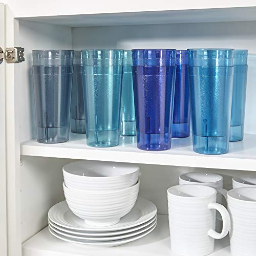 US Acrylic Café 20-ounce Plastic Restaurant Style Lightweight Stackable Beverage Tumblers | Reusable, BPA-free, Made in the USA, Top-rack Dishwasher Safe | Water Cups set of 16 in 4 Coastal Colors