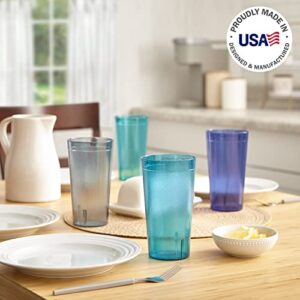 US Acrylic Café 20-ounce Plastic Restaurant Style Lightweight Stackable Beverage Tumblers | Reusable, BPA-free, Made in the USA, Top-rack Dishwasher Safe | Water Cups set of 16 in 4 Coastal Colors