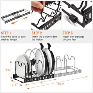 AHNR Expandable Pot and Pan Organizers Rack, 10+ Pans and Pots Lid Organizer Rack Holder, Kitchen Cabinet Pantry Bakeware Organizer Rack Holder with 10 Adjustable Compartments (Black)