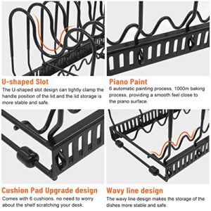 AHNR Expandable Pot and Pan Organizers Rack, 10+ Pans and Pots Lid Organizer Rack Holder, Kitchen Cabinet Pantry Bakeware Organizer Rack Holder with 10 Adjustable Compartments (Black)