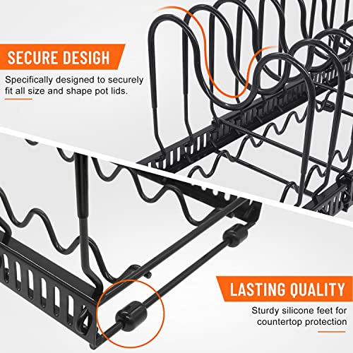 AHNR Expandable Pot and Pan Organizers Rack, 10+ Pans and Pots Lid Organizer Rack Holder, Kitchen Cabinet Pantry Bakeware Organizer Rack Holder with 10 Adjustable Compartments (Black)