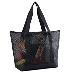 mesh beach bags, grocery produce tote bag with zipper & pockets for gym, picnic, shopping or travel