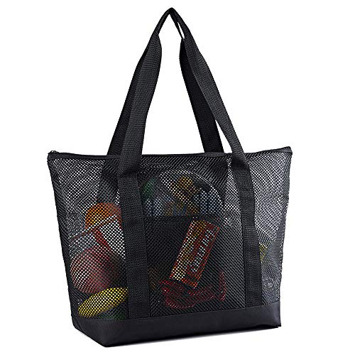 Mesh Beach Bags, Grocery Produce Tote Bag with Zipper & Pockets for Gym, Picnic, Shopping or Travel