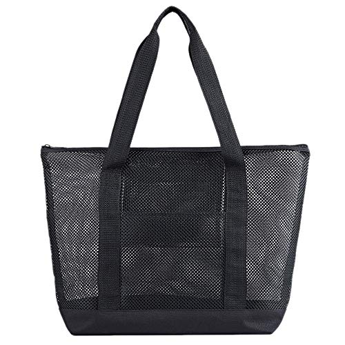 Mesh Beach Bags, Grocery Produce Tote Bag with Zipper & Pockets for Gym, Picnic, Shopping or Travel