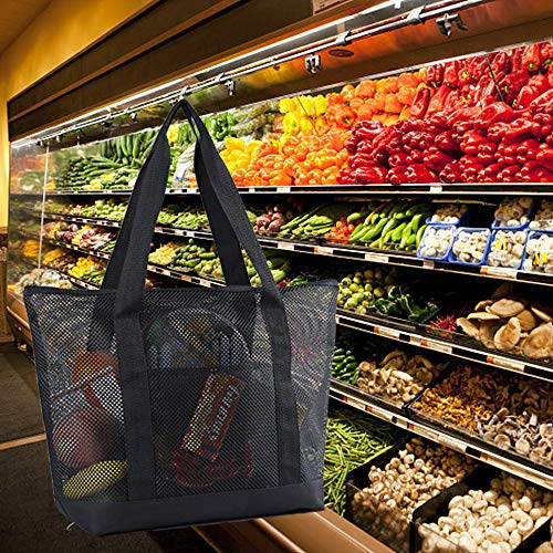 Mesh Beach Bags, Grocery Produce Tote Bag with Zipper & Pockets for Gym, Picnic, Shopping or Travel