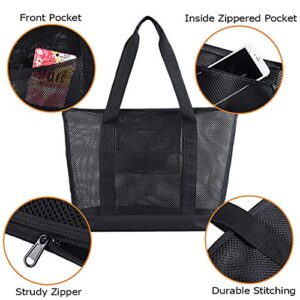 Mesh Beach Bags, Grocery Produce Tote Bag with Zipper & Pockets for Gym, Picnic, Shopping or Travel