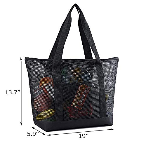 Mesh Beach Bags, Grocery Produce Tote Bag with Zipper & Pockets for Gym, Picnic, Shopping or Travel