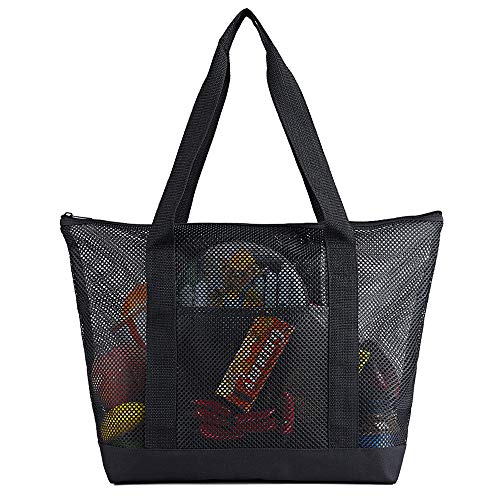 Mesh Beach Bags, Grocery Produce Tote Bag with Zipper & Pockets for Gym, Picnic, Shopping or Travel