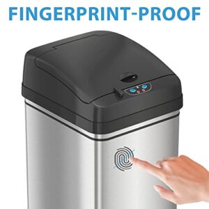 iTouchless 13 Gallon Automatic Trash Can with Odor-Absorbing Filter and Lid Lock, Power by Batteries (not included) or Optional AC Adapter (sold separately), Black / Stainless Steel