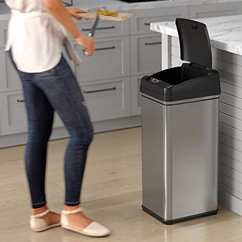 iTouchless 13 Gallon Automatic Trash Can with Odor-Absorbing Filter and Lid Lock, Power by Batteries (not included) or Optional AC Adapter (sold separately), Black / Stainless Steel