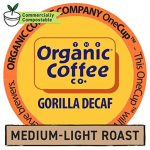 Organic Coffee Co. OneCUP Gorilla DECAF 80 Ct Natural Water Processed Medium Light Roast Compostable Coffee Pods, K Cup Compatible including Keurig 2.0