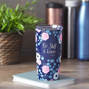 Christian Art Gifts Stainless Steel Double-Wall Vacuum Insulated Travel Mug Tumbler with Lid for Women: Be Still & Know - Psalm 46:10 Inspirational Bible Verse, Hot/Cold, Navy/Pink Floral, 18 oz.