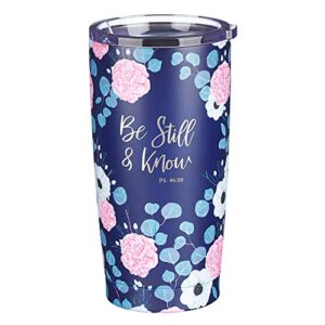 christian art gifts stainless steel double-wall vacuum insulated travel mug tumbler with lid for women: be still & know – psalm 46:10 inspirational bible verse, hot/cold, navy/pink floral, 18 oz.