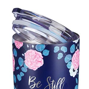 Christian Art Gifts Stainless Steel Double-Wall Vacuum Insulated Travel Mug Tumbler with Lid for Women: Be Still & Know - Psalm 46:10 Inspirational Bible Verse, Hot/Cold, Navy/Pink Floral, 18 oz.