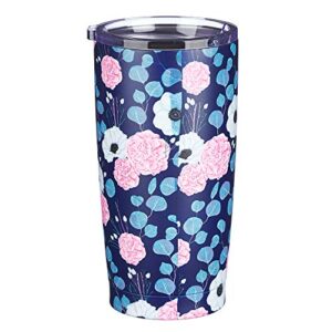 Christian Art Gifts Stainless Steel Double-Wall Vacuum Insulated Travel Mug Tumbler with Lid for Women: Be Still & Know - Psalm 46:10 Inspirational Bible Verse, Hot/Cold, Navy/Pink Floral, 18 oz.