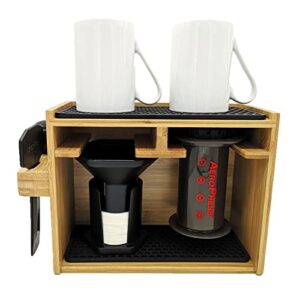 hexnub – bamboo organizer for aeropress, caddy station holds aeropress coffee maker, filters, cups, pour over accessories with silicone dripper mat, increased space saving (black)