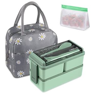 natraprow stackable bento box kit, 47.35oz bento box adult lunch box, 3 compartments bento lunch box with lunch bag and utensils, meal prep containers for adults, bpa free microwave bento box (green)