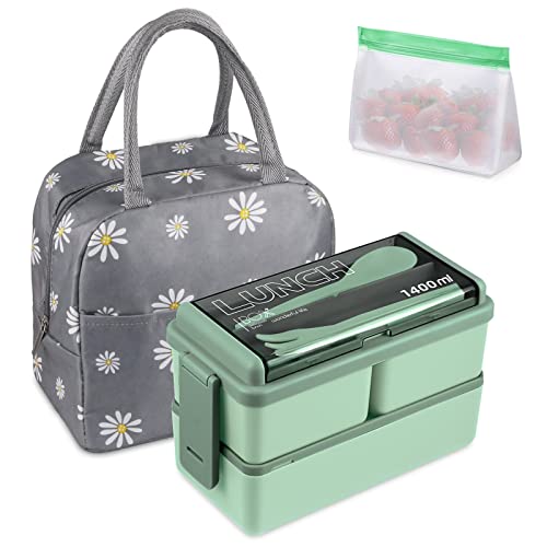 NatraProw Stackable Bento Box Kit, 47.35OZ Bento Box Adult Lunch Box, 3 Compartments Bento Lunch Box with Lunch Bag and Utensils, Meal Prep Containers for Adults, BPA Free Microwave Bento Box (Green)