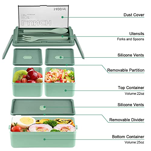 NatraProw Stackable Bento Box Kit, 47.35OZ Bento Box Adult Lunch Box, 3 Compartments Bento Lunch Box with Lunch Bag and Utensils, Meal Prep Containers for Adults, BPA Free Microwave Bento Box (Green)