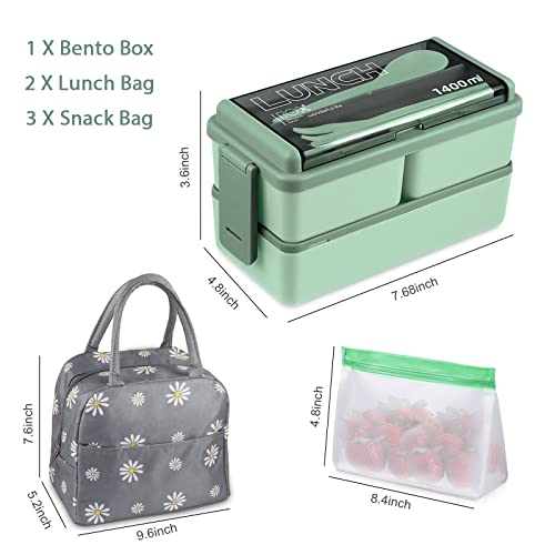 NatraProw Stackable Bento Box Kit, 47.35OZ Bento Box Adult Lunch Box, 3 Compartments Bento Lunch Box with Lunch Bag and Utensils, Meal Prep Containers for Adults, BPA Free Microwave Bento Box (Green)