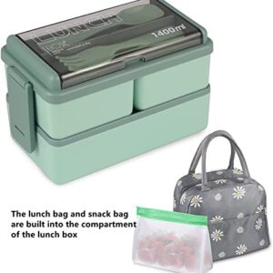 NatraProw Stackable Bento Box Kit, 47.35OZ Bento Box Adult Lunch Box, 3 Compartments Bento Lunch Box with Lunch Bag and Utensils, Meal Prep Containers for Adults, BPA Free Microwave Bento Box (Green)