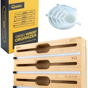 Qasic 3-in-1 Plastic Wrap Dispenser, Organiser with Cutters for Cling Film, Aluminum Foil, and Parchment Wax Paper, Bamboo Holder Storage Box with Laser Engraved Letters - Fits 12" Rolls