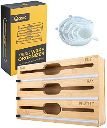 Qasic 3-in-1 Plastic Wrap Dispenser, Organiser with Cutters for Cling Film, Aluminum Foil, and Parchment Wax Paper, Bamboo Holder Storage Box with Laser Engraved Letters - Fits 12" Rolls