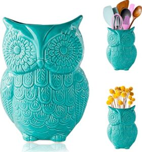 comfify owl utensil holder decorative ceramic cookware crock & organizer, in lovely aqua blue color – utensil shaped caddy and perfect kitchen ceramic décor gift for countertop – 5” x 7” x 4” size