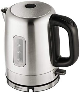amazon basics stainless steel portable fast, electric hot water kettle for tea and coffee – 1 liter, gray/black