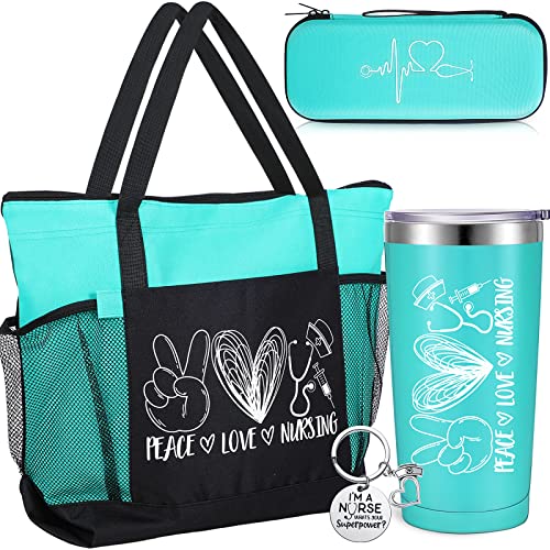 Coume 4 Pcs Nurse Gift for Women Peace Love Nursing Appreciation Gift Set Include Zippered Nurse Tote Bag Stethoscope Case Wine Tumbler Keychain for Nurse Graduation Rn Gift Nursing Bags (Turquoise)