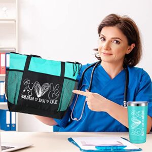 Coume 4 Pcs Nurse Gift for Women Peace Love Nursing Appreciation Gift Set Include Zippered Nurse Tote Bag Stethoscope Case Wine Tumbler Keychain for Nurse Graduation Rn Gift Nursing Bags (Turquoise)