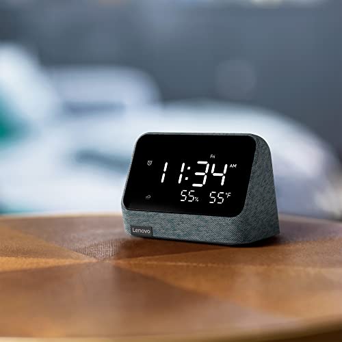 Lenovo Smart Clock Essential with Alexa Built-in - Digital LED with Auto-Adjust Brightness - Alarm Clock with Speaker and Mic - Compatible Docking - Misty Blue