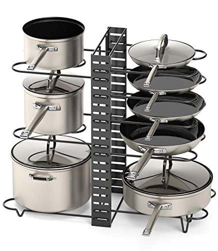 Vdomus Pot Rack Organizer with 3 DIY Methods, Black Metal Kitchen 8+ Pots Holder, Height and Position are Adjustable Cabinet Pantry Pot Lid Holder (Upgraded)