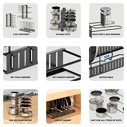 Vdomus Pot Rack Organizer with 3 DIY Methods, Black Metal Kitchen 8+ Pots Holder, Height and Position are Adjustable Cabinet Pantry Pot Lid Holder (Upgraded)