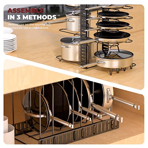 Vdomus Pot Rack Organizer with 3 DIY Methods, Black Metal Kitchen 8+ Pots Holder, Height and Position are Adjustable Cabinet Pantry Pot Lid Holder (Upgraded)